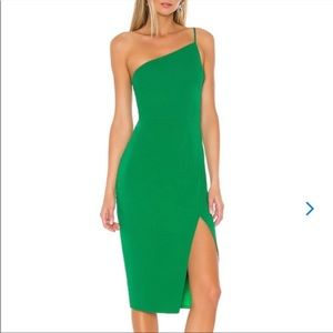Lovers + Friends One Shoulder Midi Dress in Green Leg Slit Adjustable Sheath S